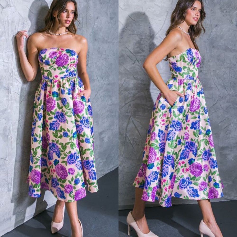 Strapless floral print midi dress with pockets NWT